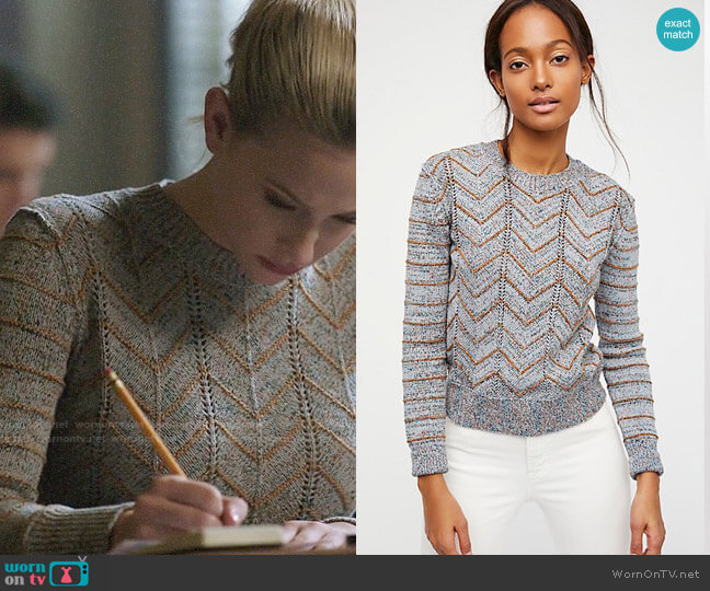 Free People Zig Zag Pullover in Powder Combo worn by Betty Cooper (Lili Reinhart) on Riverdale