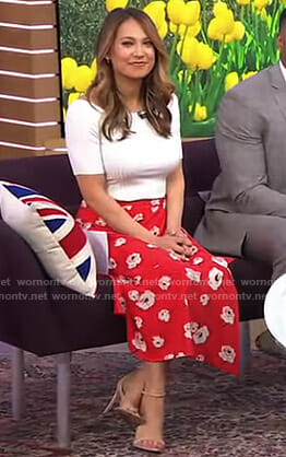 Ginger’s white ribbed top and floral skirt on Good Morning America