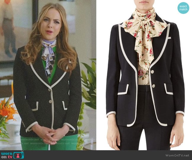 Gucci Peak Lapel Stretch Cady Blazer worn by Fallon Carrington (Elizabeth Gillies) on Dynasty