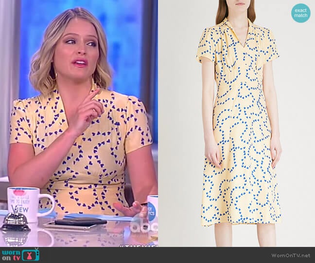 Harley Viera Newton Morgan heart-print silk-satin midi dress worn by Sara Haines on The View