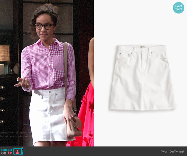 J.Crew White denim skirt with raw hem worn by Mattie Ashby (Lexie Stevenson) on The Young and the Restless