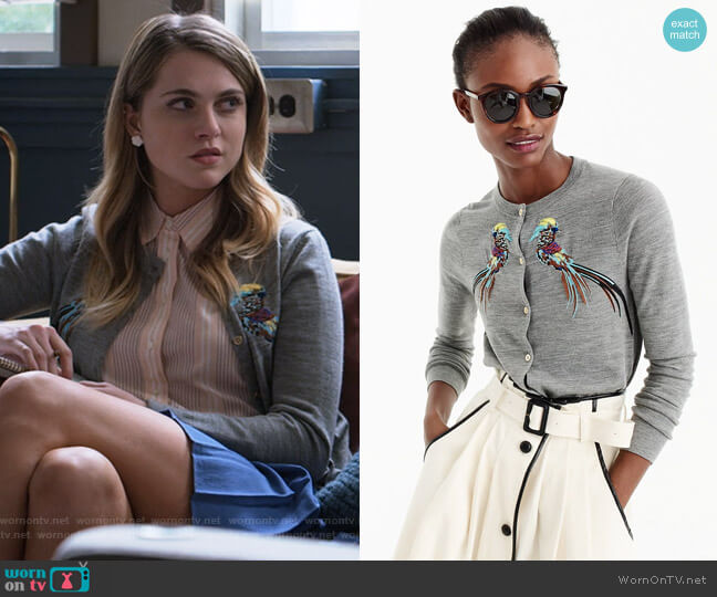 J. Crew Embroidered Pheasant Jackie Cardigan worn by Chloe Rice (Anne Winters) on 13 Reasons Why