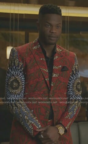 Jeff’s red african print suit on Dynasty