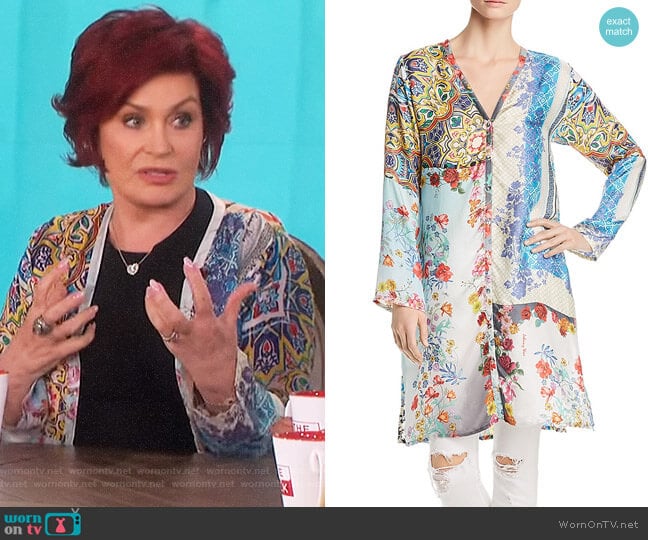 Johnny Was Witteau Patchwork-Print Silk Cardigan worn by Sharon Osbourne on The Talk