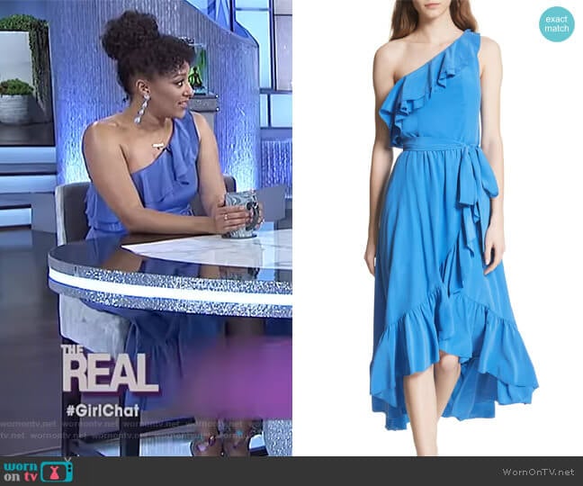 Joie Damica Ruffle One-Shoulder Silk Dress worn by Tamera Mowry on The Real