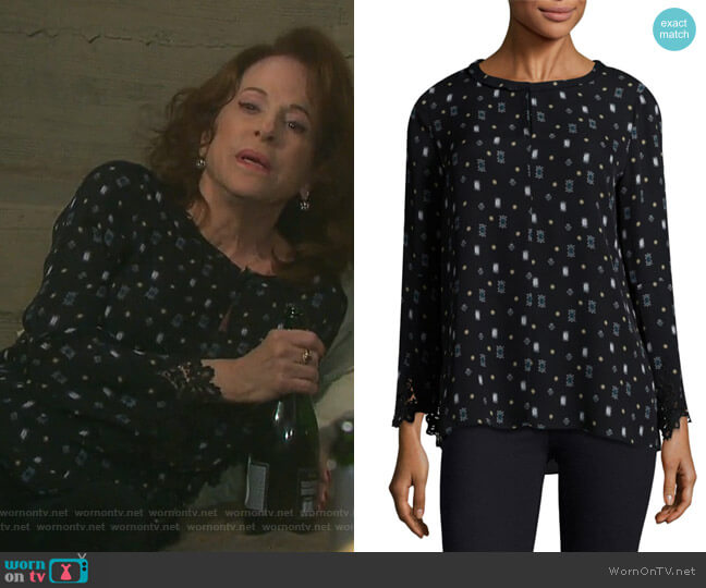 Kobi Halperin Cassie Printed Bell-Sleeve Silk Blouse worn by Vivian Alamain (Louise Sorel) on Days of our Lives