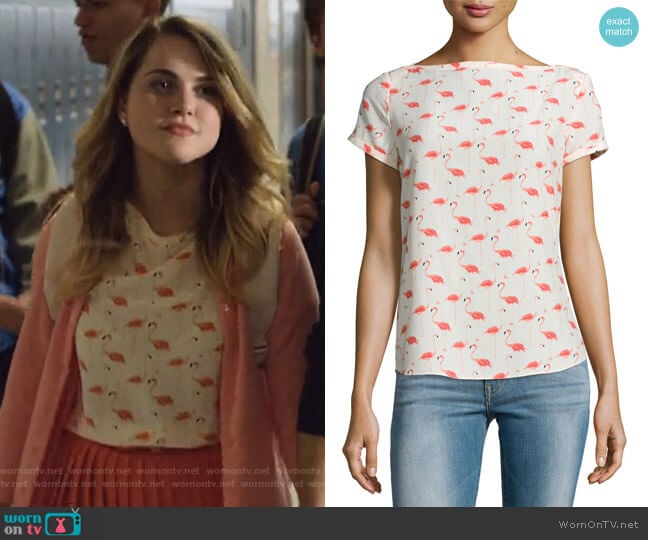 Kate Spade short-sleeve flamingo-print top worn by Chloe Rice (Anne Winters) on 13 Reasons Why