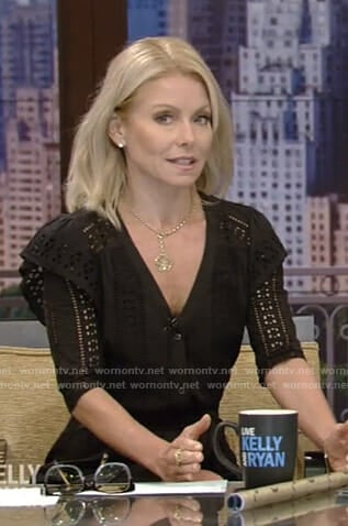 Kelly’s black eyelet ruffled mini dress on Live with Kelly and Ryan