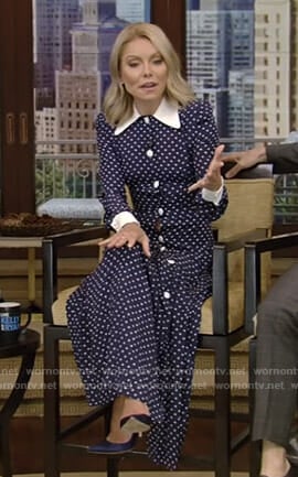 Kelly’s navy polka dot shirtdress on Live with Kelly and Mark