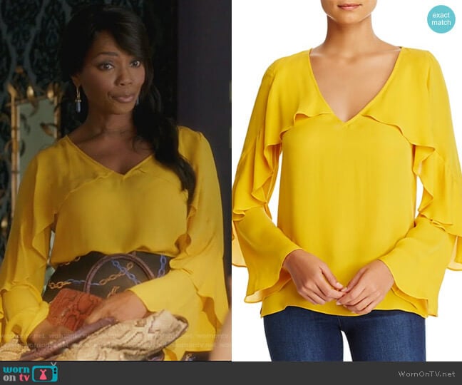Kobi Halperin Ryann Ruffle Bell Sleeve Silk Blouse worn by Ida Turner (Vanessa Williams) on Famous in Love