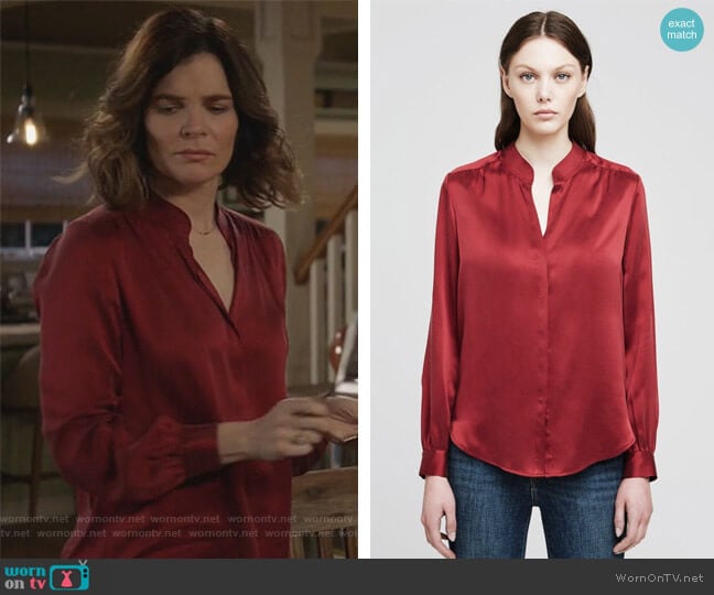 LAgence Bianca Blouse worn by Heather Hughes (Betsy Brandt) on Life in Pieces