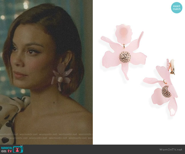 Lele Sadoughi Crystal Lily Clip Earrings worn by Cristal Flores (Nathalie Kelley) on Dynasty