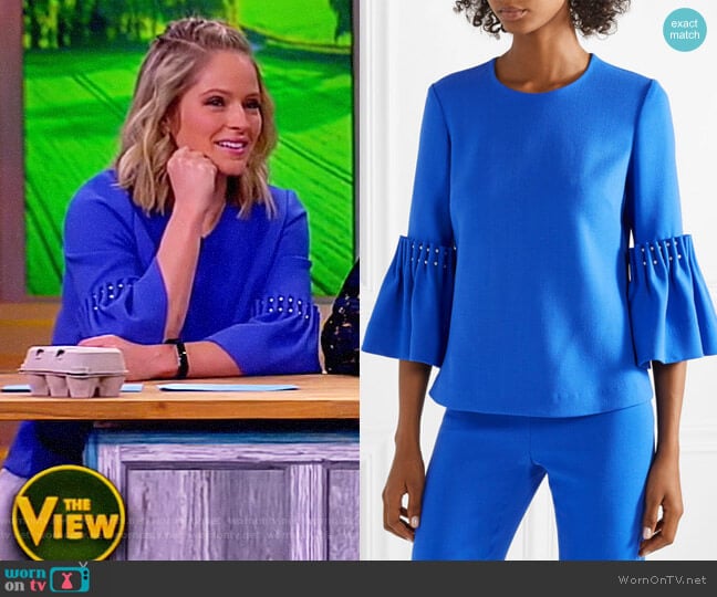 Lela Rose Faux pearl-embellished wool-blend crepe top worn by Sara Haines on The View