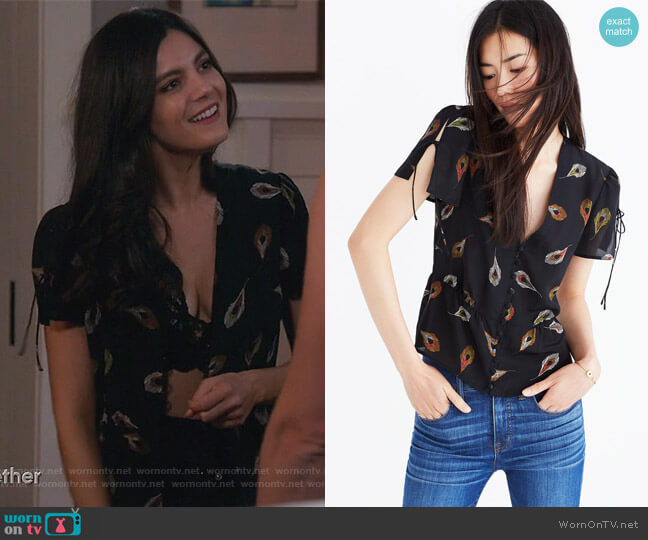 Madewell Silk Belle Top in Peacock Feathers worn by Lisa Apple (Monica Barbaro) on Splitting Up Together