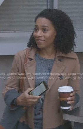 Maggie’s beige and grey colorblock coat on Grey’s Anatomy
