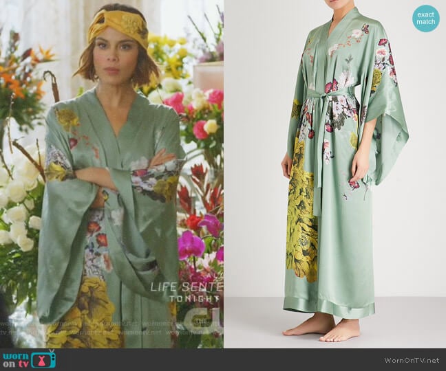 Meng Floral-Print Silk-Satin Kimono Robe worn by Cristal Flores (Nathalie Kelley) on Dynasty