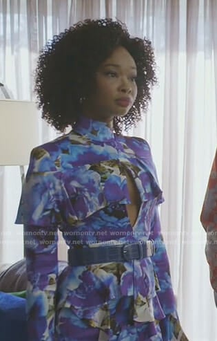 Monica’s blue floral ruffled dress on Dynasty