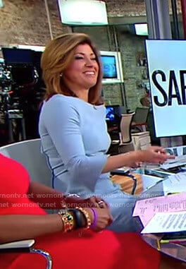 Norah’s blue slit sleeve dress on CBS This Morning