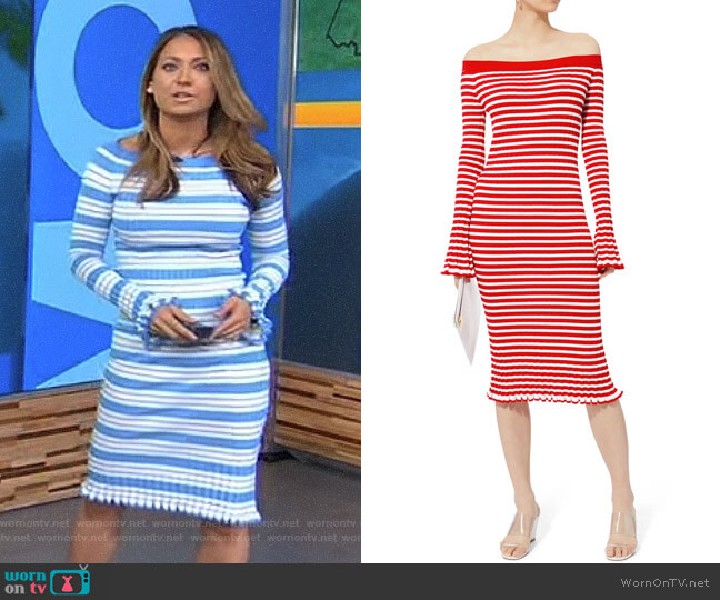 Caroline Constas Off Shoulder Ribbed Dress worn by Ginger Zee on Good Morning America