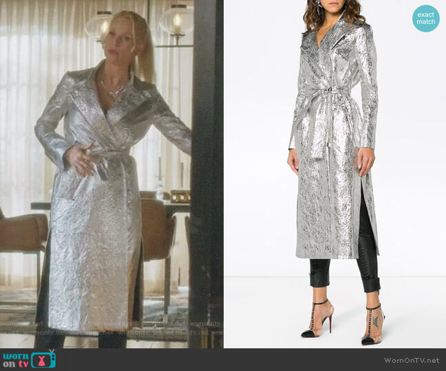 Osman Metallic Joplin Trench Coat worn by Alexis Carrington (Elaine Hendrix) on Dynasty