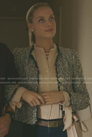 Poppy Langmore’s pink tie cuff blouse on Imposters