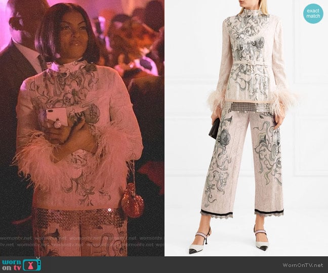 Prada Feather-Trimmed Embellished Printed Blouse worn by Cookie Lyon (Taraji P. Henson) on Empire