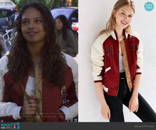 Silence + Noise On Tour Satin Varsity Bomber Jacket worn by Jessica Davis (Alisha Boe) on 13 Reasons Why
