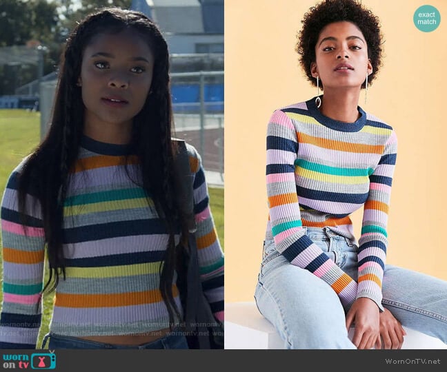Silence + Noise Rainbow Stripe Crew-Neck Sweater worn by Sheri Holland (Ajiona Alexus) on 13 Reasons Why
