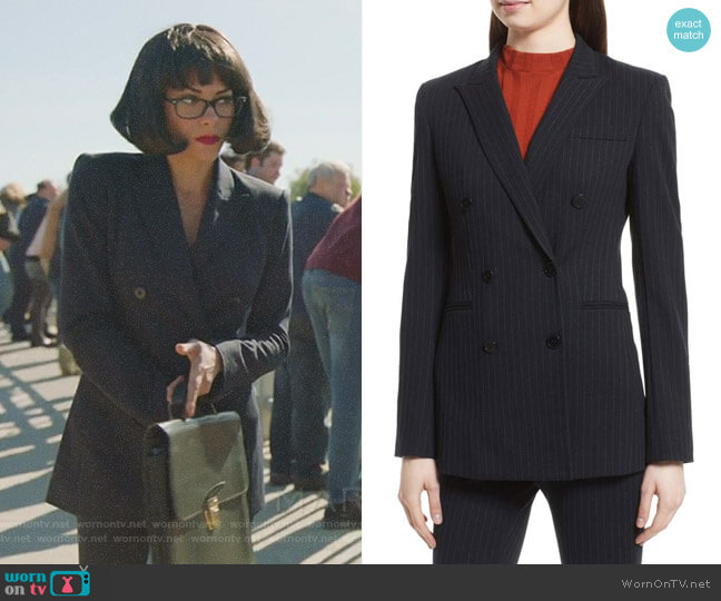 Theory Pinstripe Power Blazer worn by Maddie (Inbar Lavi) on Imposters