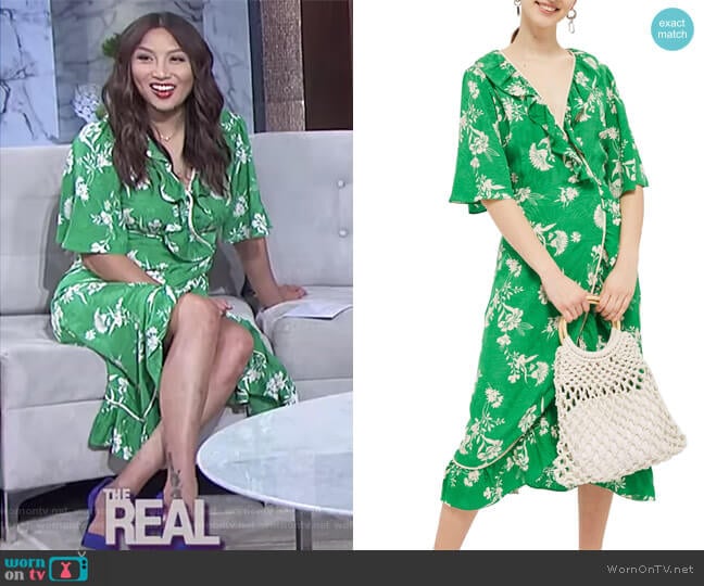 Topshop Leaf Print Ruffle Wrap Dress worn by Jeannie Mai on The Real