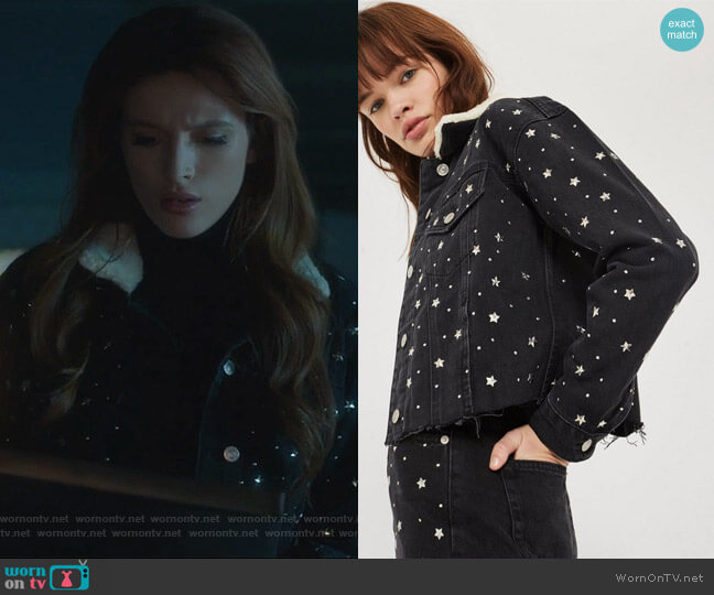Topshop MOTO Star Stud Denim Borg Jacket worn by Paige Townsen (Bella Thorne) on Famous in Love