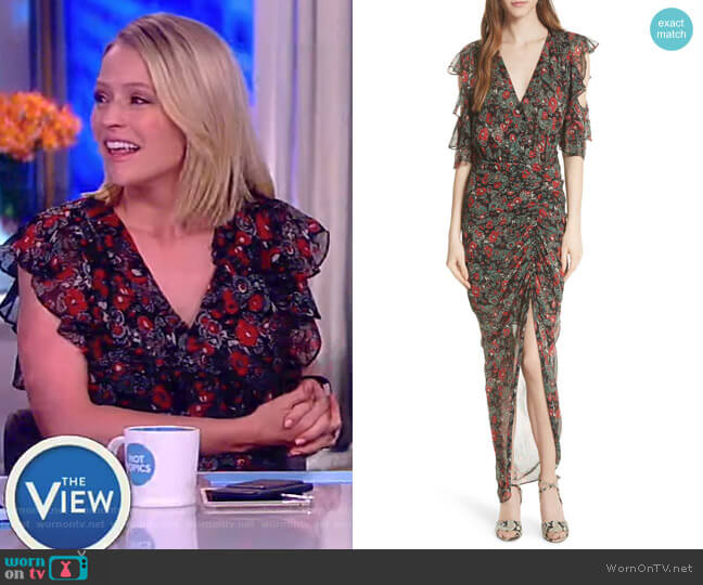 Veronica Beard Cecile ruffled floral-print silk-chiffon maxi dress worn by Sara Haines on The View