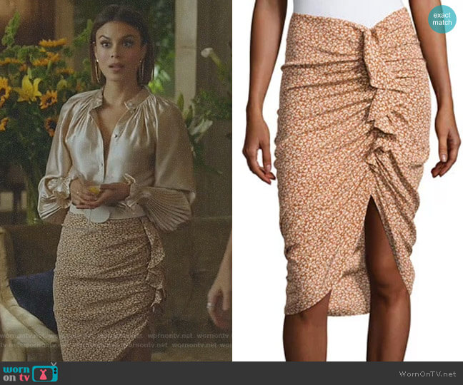 Veronica Beard Hazel Side-Ruched Silk Ruffle Skirt worn by Cristal Flores (Nathalie Kelley) on Dynasty