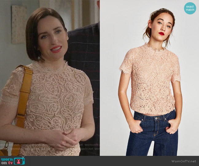 Zara Embroidered Lace Top worn by Jennifer Short (Zoe Lister-Jones) on Life in Pieces