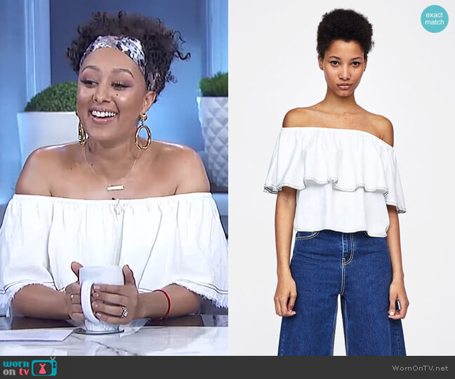 Zara Off The Shoulder Top with Top Stitching worn by Tamera Mowry on The Real