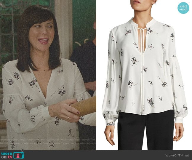ALC Ty Lantern Sleeve Floral-Print Silk Blouse worn by Cassandra Nightingale (Catherine Bell) on Good Witch