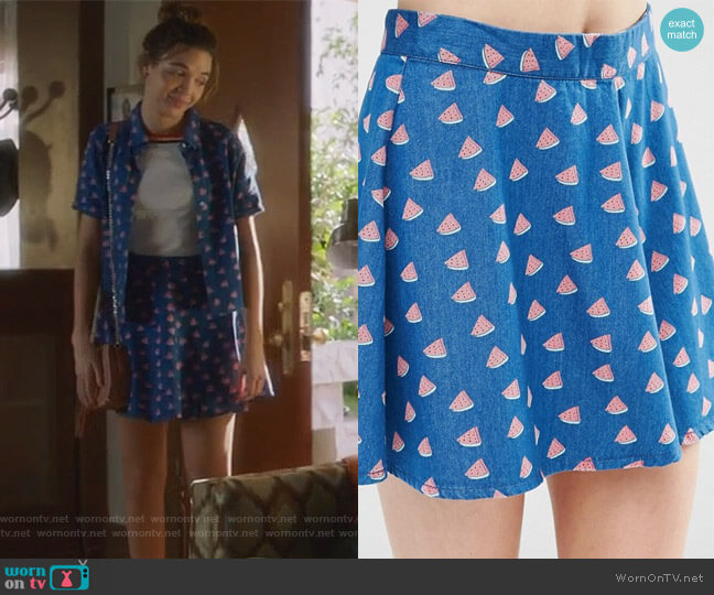 Noisy May Watermelon Print Denim Skater Shirt worn by Cassandra (Georgie Flores) on Famous in Love