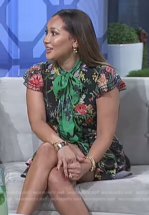 Adrienne’s black floral print tie neck dress on The Real