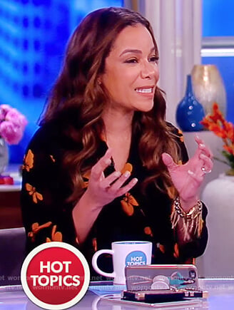 Sunny’s black floral print wrap dress on The View