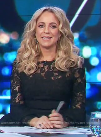 Carrie’s black lace bell sleeve dress on The Project