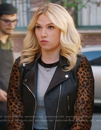 Billy’s leather jacket with leopard print sleeves on Famous in Love