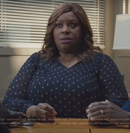 Ruby’s navy star print top on Good Girls