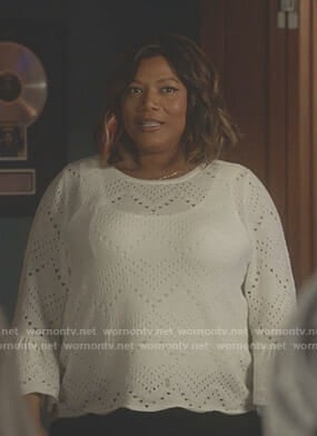 Carlotta’s white crochet bell sleeve sweater on Star
