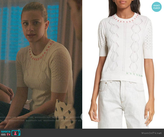 Carven Embroidered Sweater worn by Betty Cooper (Lili Reinhart) on Riverdale