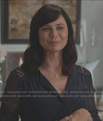 Cassie’s navy lace inset blouse on Good Witch