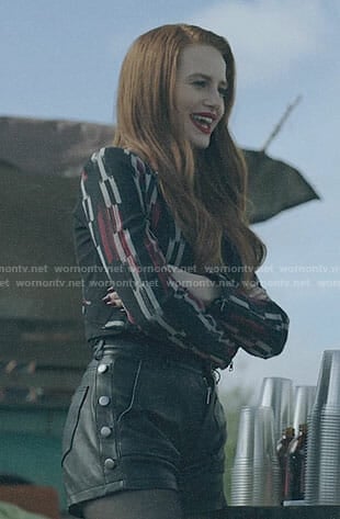 Cheryl’s black and red printed jacket and leather shorts on Riverdale