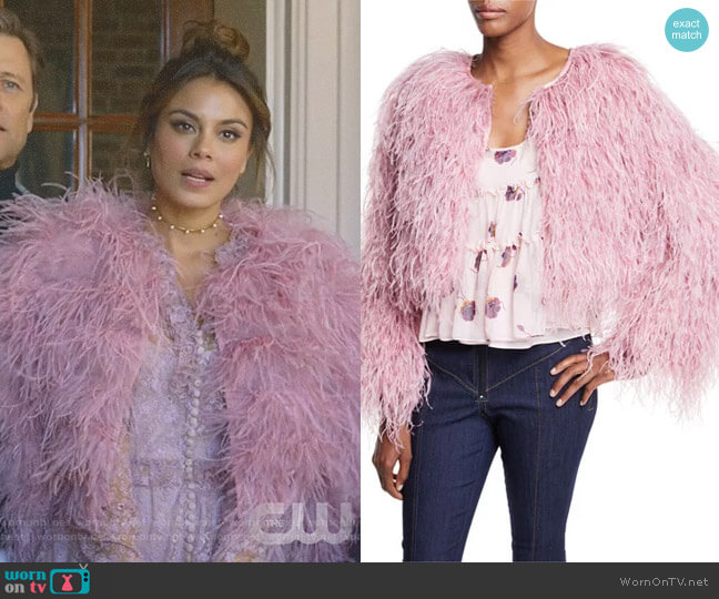 Cinq à Sept Lennox Cropped Feather Jacket worn by Cristal Flores (Nathalie Kelley) on Dynasty