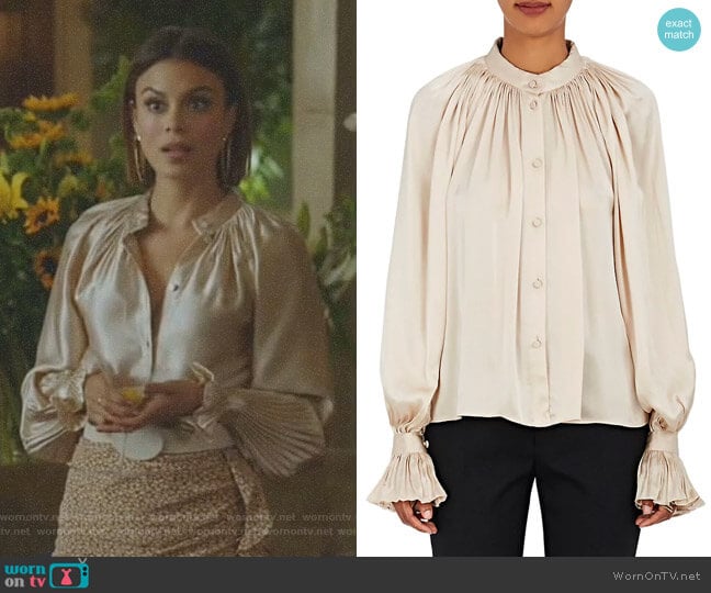 Co Pleated Silk Satin Blouse worn by Cristal Flores (Nathalie Kelley) on Dynasty