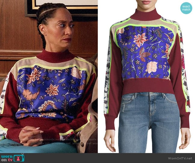 Diane von Furstenberg Turtleneck Cropped Mixed-Print Pullover worn by Rainbow Johnson (Tracee Ellis Ross) on Black-ish