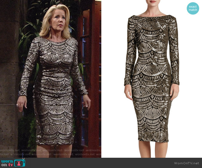 Dress the Population Emery Dress in Platinum / Black worn by Nikki Reed Newman (Melody Thomas-Scott) on The Young and the Restless